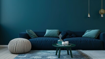 Modern living room. Two knitted pouffes near a dark blue corner sofa. Scandinavian home interior design modern living room. - obrazy, fototapety, plakaty