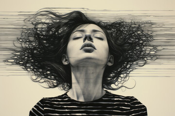 Surreal painting of parallel horizontal ink lines with a person
