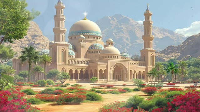 Beautiful madieval fantasy mosque with amazing view in day. Islamic architecture design looping animation footage video background