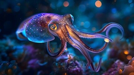 an octopus is swimming in the ocean at night