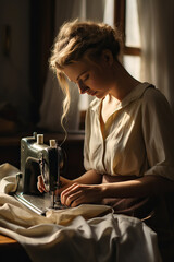 Beautiful young woman working with sewing machine in the home interior.