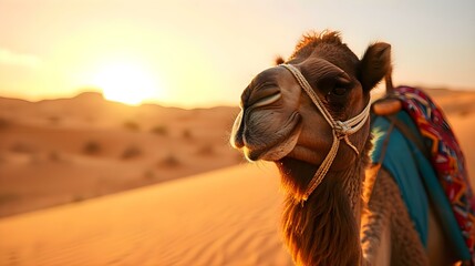 a camel in the desert with the sun in the background