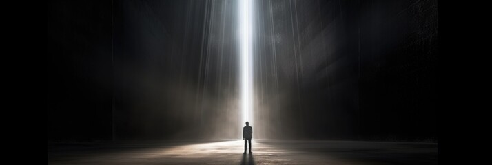 man is standing around the opening of an empty dark room 