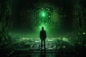 businessman standing on green circuit board concept of future of semiconductors industry