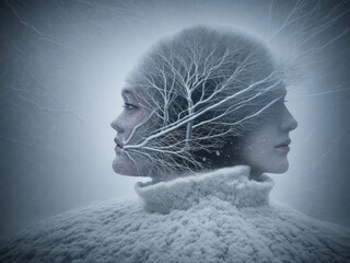 Surreal photo of womens faces covered with snow