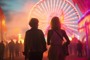 Close-up of two friends in front of the Ferris wheel at the night fair - obrazy, fototapety, plakaty