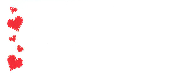 Red paper hearts isolated on white background. Valentine's Day. Copy space. Top view. Banner