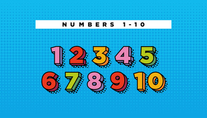 Natural numbers in pop art, retro style. Colorful poster for kindergarten, classroom, kids room, education. Creative stock vector illustration. Typeface, typography font