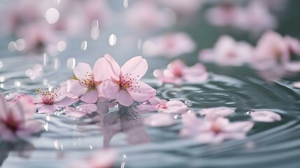 a group of pink flowers floating on top of a body of water - Powered by Adobe