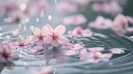 Tuinposter a group of pink flowers floating on top of a body of water © KWY