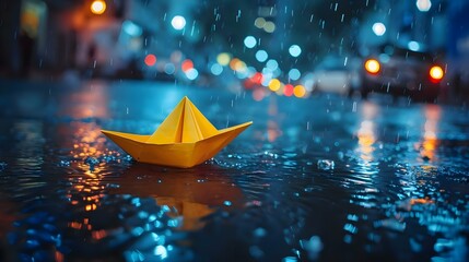 a yellow paper boat floating on top of a puddle of water