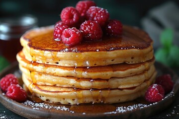A stack of pancakes with raspberries on top. Tasty sweet dessert.