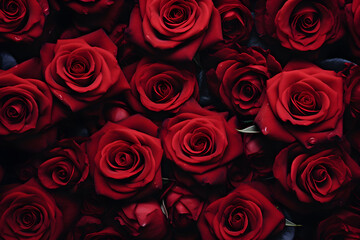 Fototapeta premium Beautiful rose bush on dark background. Cursed, magic flower. Romantic luxury background. Elegant love and passion concept for Women's, Valentines and Mother's Day