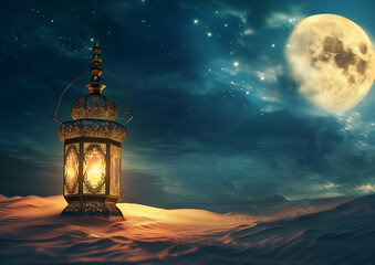 Arabic ramadan lantern in a desert at night, blue sky background at night