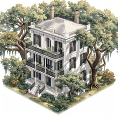 Obraz premium Classic Elegance Southern Mansion in Lush Greenery Isometric illustration of a classic Southern-style mansion surrounded by large oak trees, detailed architecture, lush greenery, white facade 