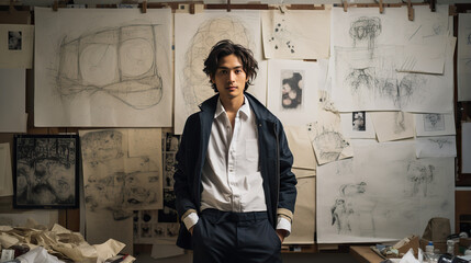 Obraz premium Portrait of a young man in a studio with sketches on the wall