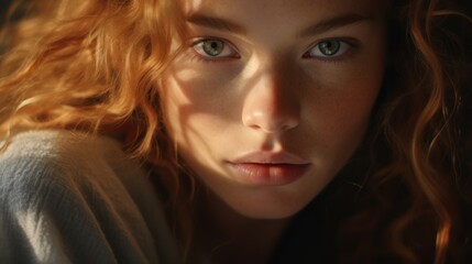 Naklejka premium Close-up on vivid eyes and red locks, showcasing natural beauty and fiery individuality.
