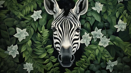 Tuinposter Zebra Print with Leaves AI Generated © Alex