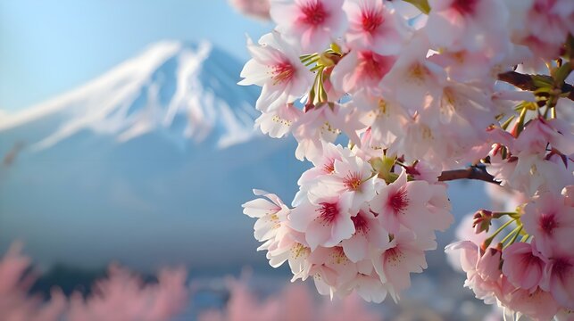 a bunch of pink flowers on a tree with a mountain in the background