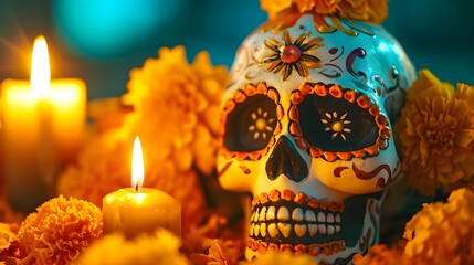 a decorated skull with candles in the background