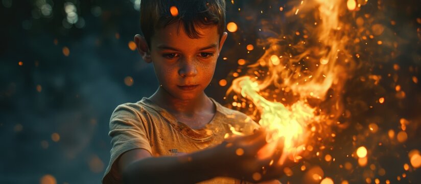 Boy holding a flaming firecracker in hand.