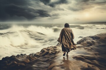 Jesus walking on water in storm, biblical theme concept, christian faith illustration