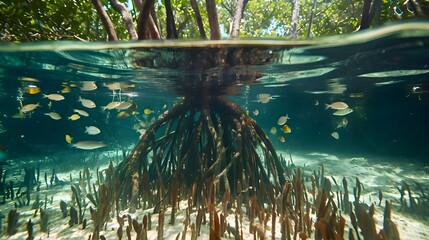 an underwater view of a tree with lots of leaves
