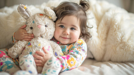 An immersive photograph capturing the playful antics of a baby girl in colorful pajamas and bunny slippers, hugging a plush toy with a mischievous grin, creating a visually enchant