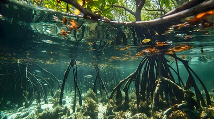an underwater view of a mangrove forest