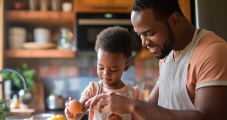A caring young father teaches his child to prepare a healthy breakfast with eggs in a modern design kitchen in his own home. Family and healthy eating concept