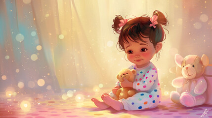 Obraz na płótnie Canvas An artistic representation of a baby girl in polka dot pajamas and tiny slippers, holding a cuddly soft toy, surrounded by dreamy pastel colors, creating a visually whimsical and m