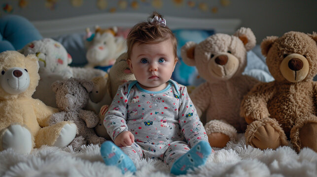 A visually rich composition featuring a baby girl in themed pajamas and matching slippers, sitting among a collection of stuffed animals, showcasing the innocence and delight of ch