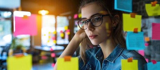 A young professional uses post-it notes on a glass wall to create a strategic plan for business growth and success.