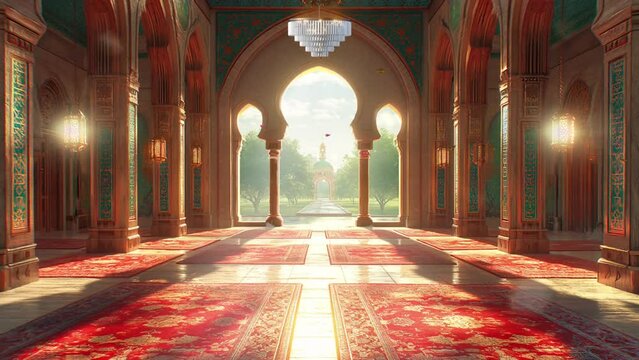 Interior of mosque with fantasy inside palace view looping animation video footage 