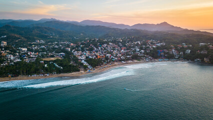 Sayulita Mexico town in riviera Nayarit travel destination for surf real estate land for sale aerial at sunset  - obrazy, fototapety, plakaty