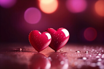 Fototapeta premium Valentine's Day Background: Red Love Hearts on Reflective Surface with Water Drops Set Against Blurred Background
