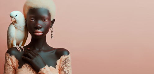 An albino African woman and a parrot. - obrazy, fototapety, plakaty