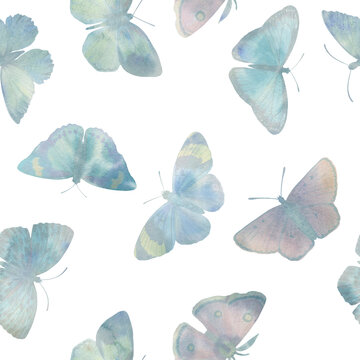 watercolor butterflies, hand drawn illustration, seamless pattern on white background.
