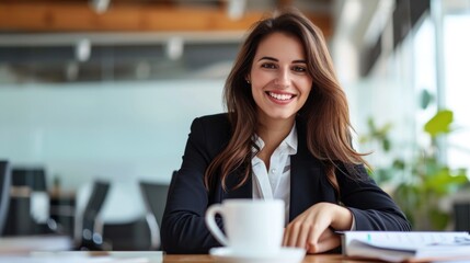 Portrait of young business woman working at desk in modern office, attractive girl smiling confidently at camera, concept of management, equality and education