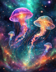 Fototapeta na wymiar Fantasy planet glowing jellyfish. mobile wallpaper design. Generative ai
