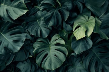green tropical mojnstera leaves on a black background