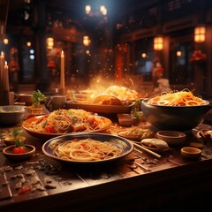 Delicious ready to eat dinner at Chinese New Year eve. Generative AI  