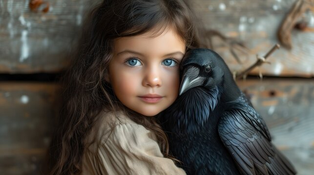Very beautiful white blue-eyed little girl hugging a black raven bird. Poster about careful attitude to the surrounding world and harmonious existence of man and fauna.