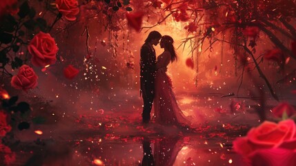 Couple in love looking at each other in a romantic festive red setting with roses