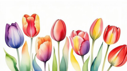 multicolored blooming tulips on white background with space for text, watercolor picture for congratulations