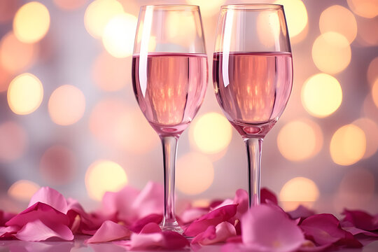 Two glasses of vine with pink rose petals on bokeh background.