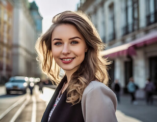 Fototapeta premium Cute and Stylish Urban Model: Young Woman Walking in the City