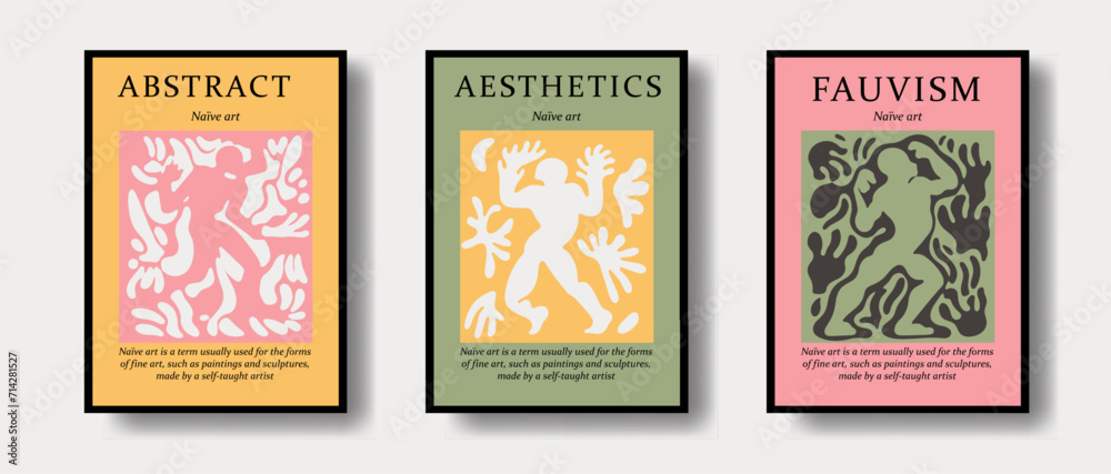 Poster set of minimal scandinavian posters with simple stylized illustrations of people and botanical motif