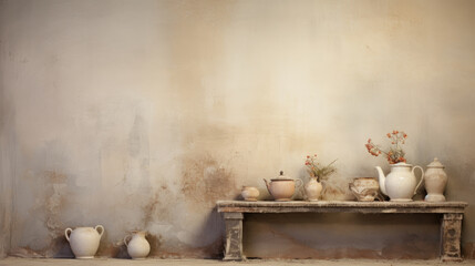 Obraz na płótnie Canvas Table and objects in front of old plaster wall background