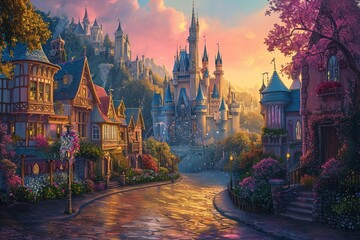 Magical unusual fairytale kingdom on the background of beautiful multicolored clouds - obrazy, fototapety, plakaty